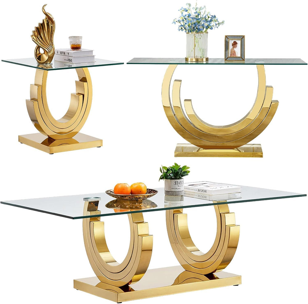 3 Piece Living Room Table Set, Rectangle Tempered Glass Coffee Table, End Tab...