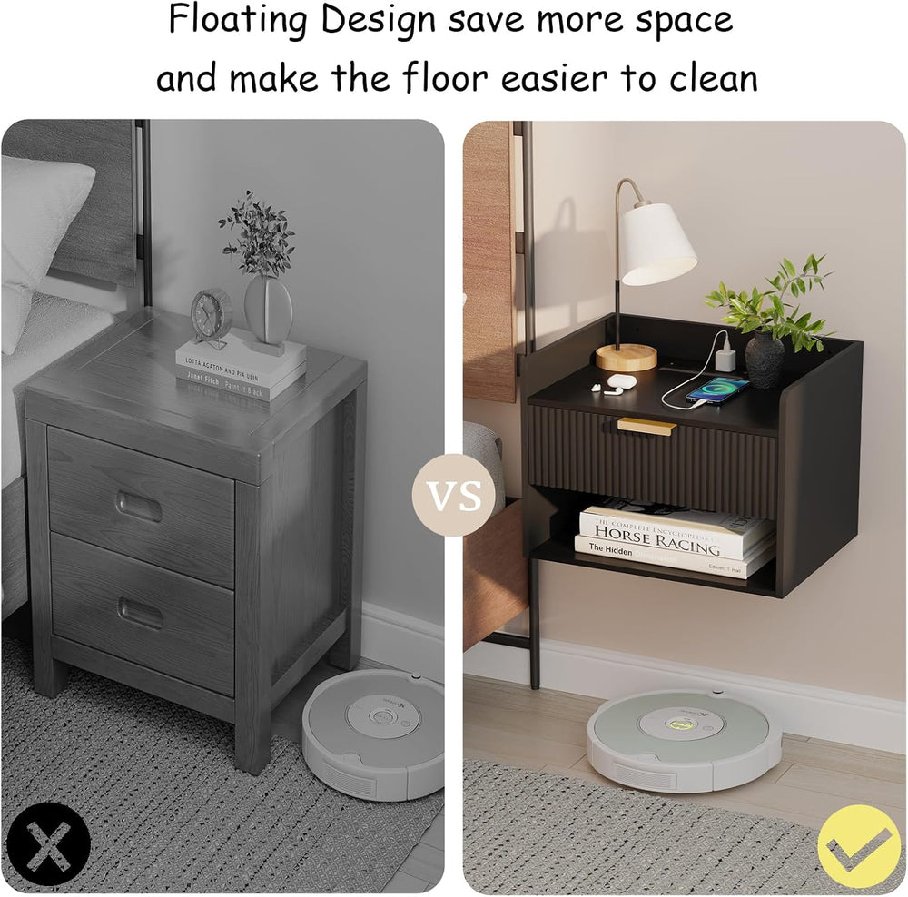 Arbuxzuy Floating Nightstand Set of 2 with Charging Station and Drawer | Mode...