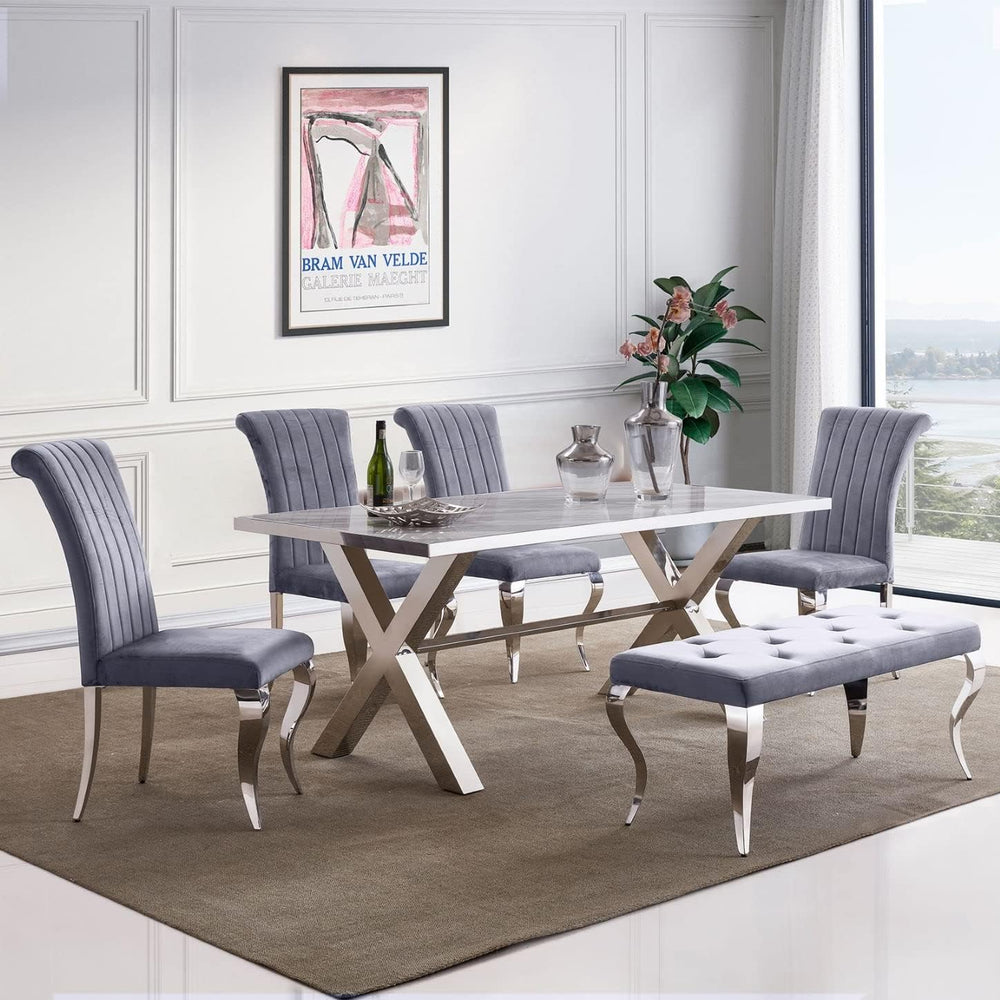 AUZ Grey Velvet Upholstered Bench with Gorgeous Silver Mirrored Curved Legs |...