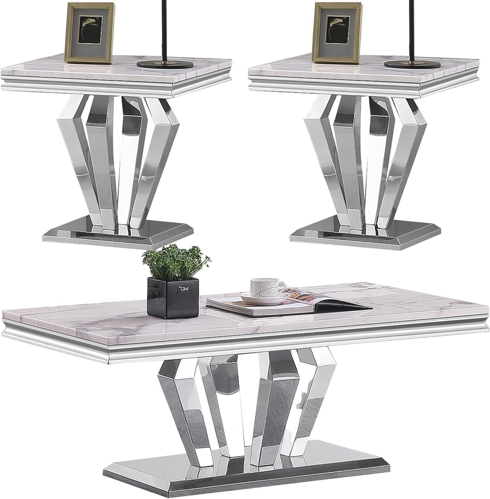 White Marble Coffee Table Set of 3, Luxury Marble Coffee Table and 2 Silver W...