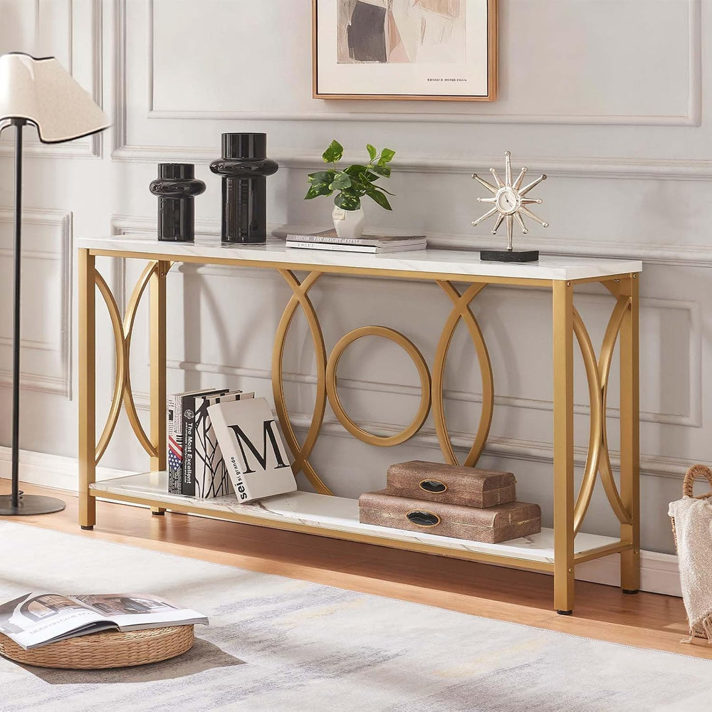 HOMISSUE Sofa Console Table, Modern Gold Console Table with Faux Marbled Tabl...
