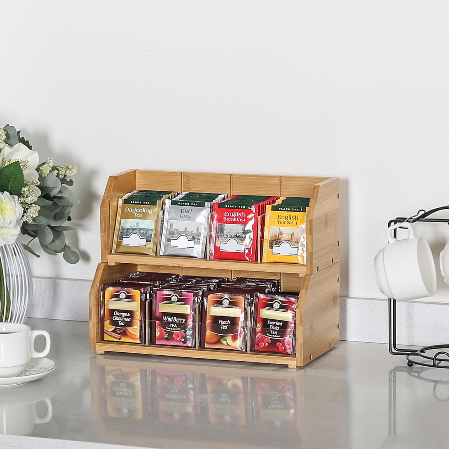2-Layer Stackable Bamboo Tea Bag Organizer Storage Holder & Rack - Wooden Tea Box Containers - Stand for Countertop or Cabinet