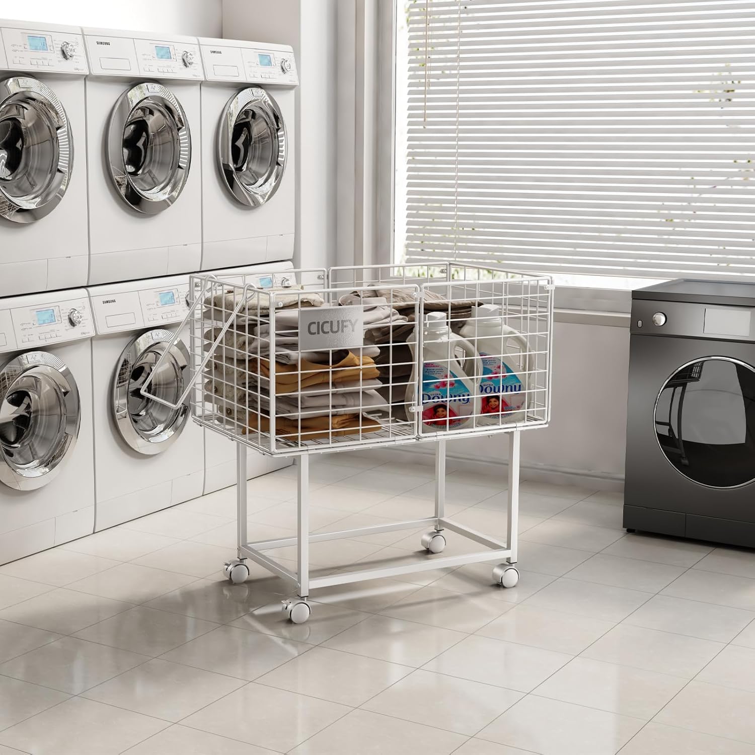 Wire Laundry Hamper, 80L Rolling Laundry Basket Cart on Wheels, Dirty Clothes Basket with Handle, Metal Clothes Hamper Organizer for Laundry Room, Bathroom, Bedroom, Dorm, White