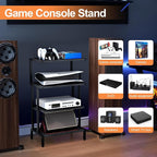 Aquzee Media Stand, Gaming Shelf, 4 Tier Small Electronics Shelves Video Game Console Organizer Cabinet, Wood Stereo Racks AV Shelves for Entertainment Center Storage, Recreation Room Furniture,Black