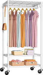 FUTASSI P6 Medium Rolling Clothes Rack Heavy Duty, Clothing Racks for Hanging Clothes, Freestanding Garment Rack with Wheels, Portable Closet Rack Max Load 370 LBS, 30''W x 14''D x 77.6''H, White