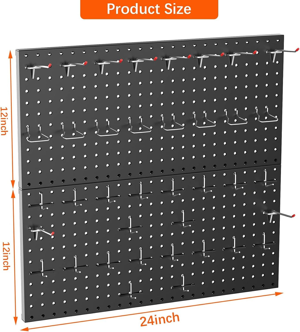 TORACK Metal Pegboard Wall Organizer 24" x 24" or 12" x 48", 70 PCS Tools Storage Pegboard for Garage Tool Organizer Peg Board with Pegboard Hooks for Workbench(Black)