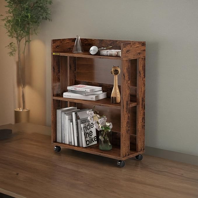 ALISENED 3 Tier Nightstand with Wheels, Wood Small Bookshelf and Bookcase, Farmhouse Bedside End Table with Storage Rack for Bedroom, Library, Living Room, Home, Office Cart, Rustic