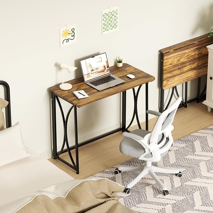 Folding Desk, 31.5" Small Desk for Bedroom, Space Saving Foldable Computer Desk for Home Office, Easy Assembly, Brown