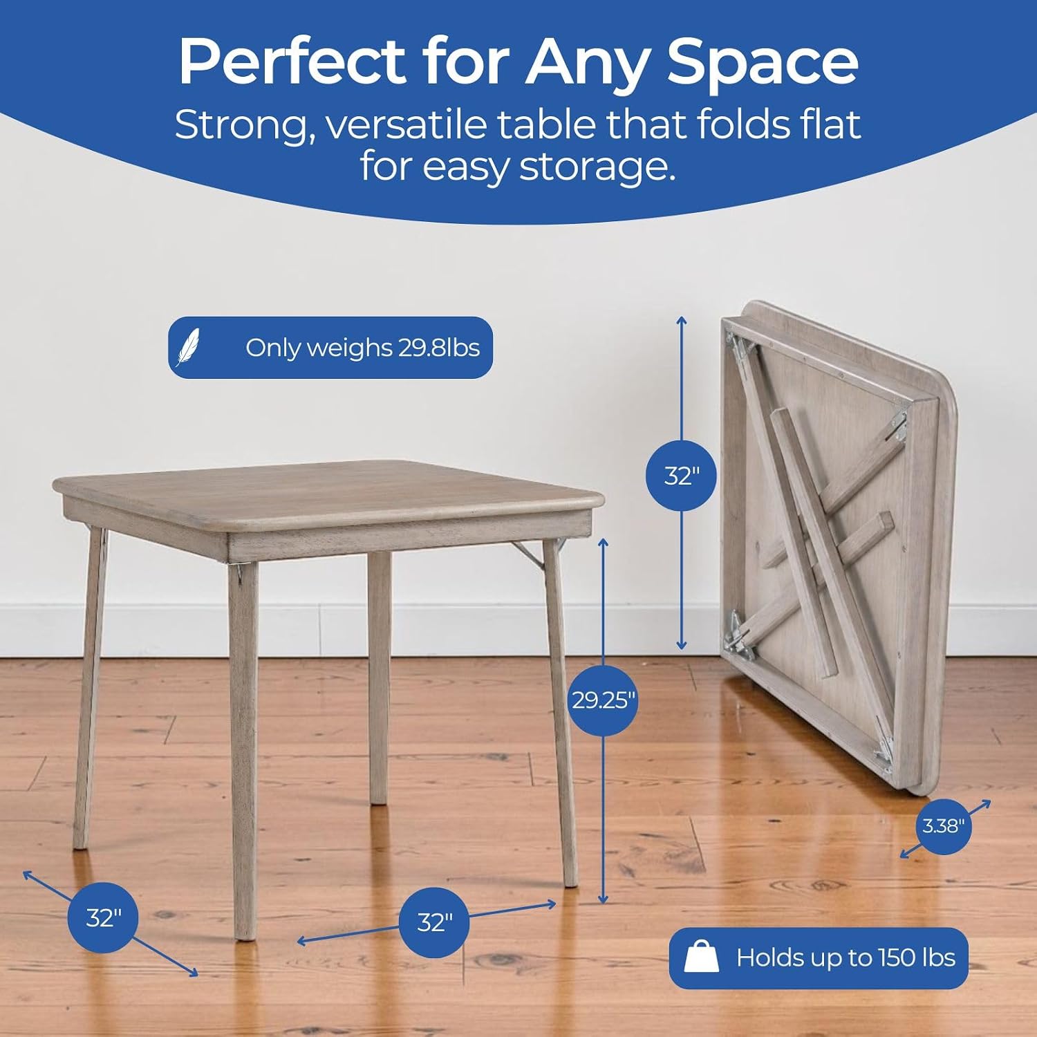 Stakmore Classic Straight Edge Square Folding Card Table 32x32 - No Assembly Wooden Foldable Card Table, Bridge, Board Game, Steel Mechanism, Folding Legs, Space-Saving, Driftwood Frame