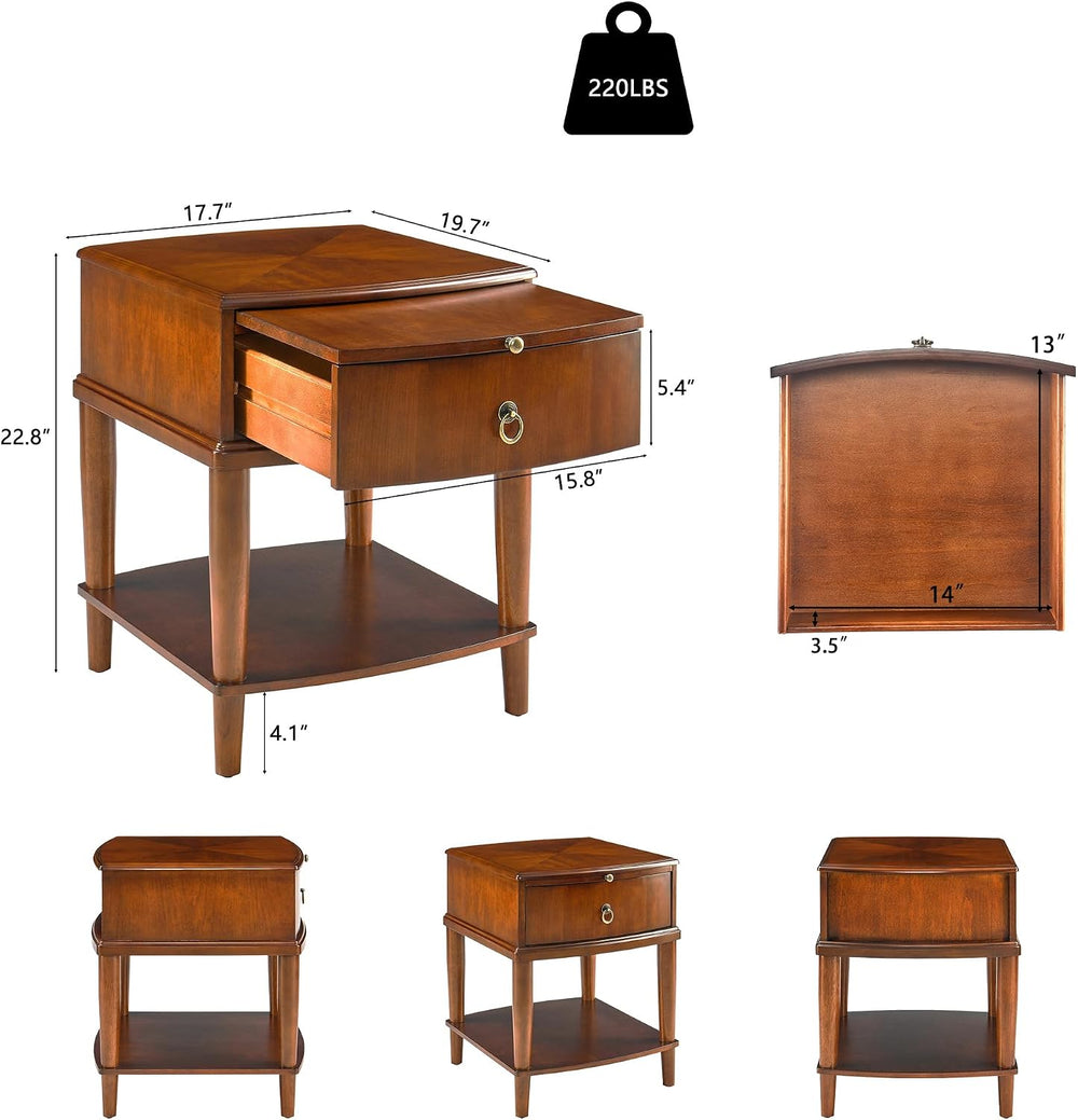 LEEMTORIG Set of 2 Large Cherry Wood Side Table with Pullable Desktop, 2-Tier...