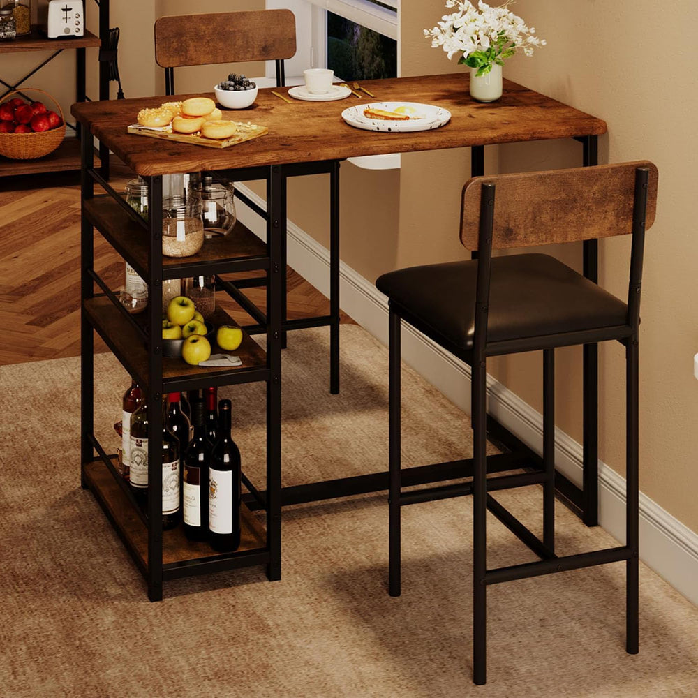 3-Piece Bar Table Set with 2 Upholstered Stools, Space-Saving Counter Height ...