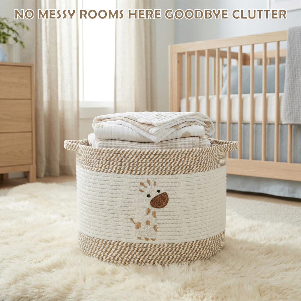 Baby Laundry Basket for Nursery, Large 15”x12” Giraffe Storage Baskets | Cotton Rope Kids Hamper Soft Foldable Bin with Cute Embroidered Animal Designs for Home Toys Organize