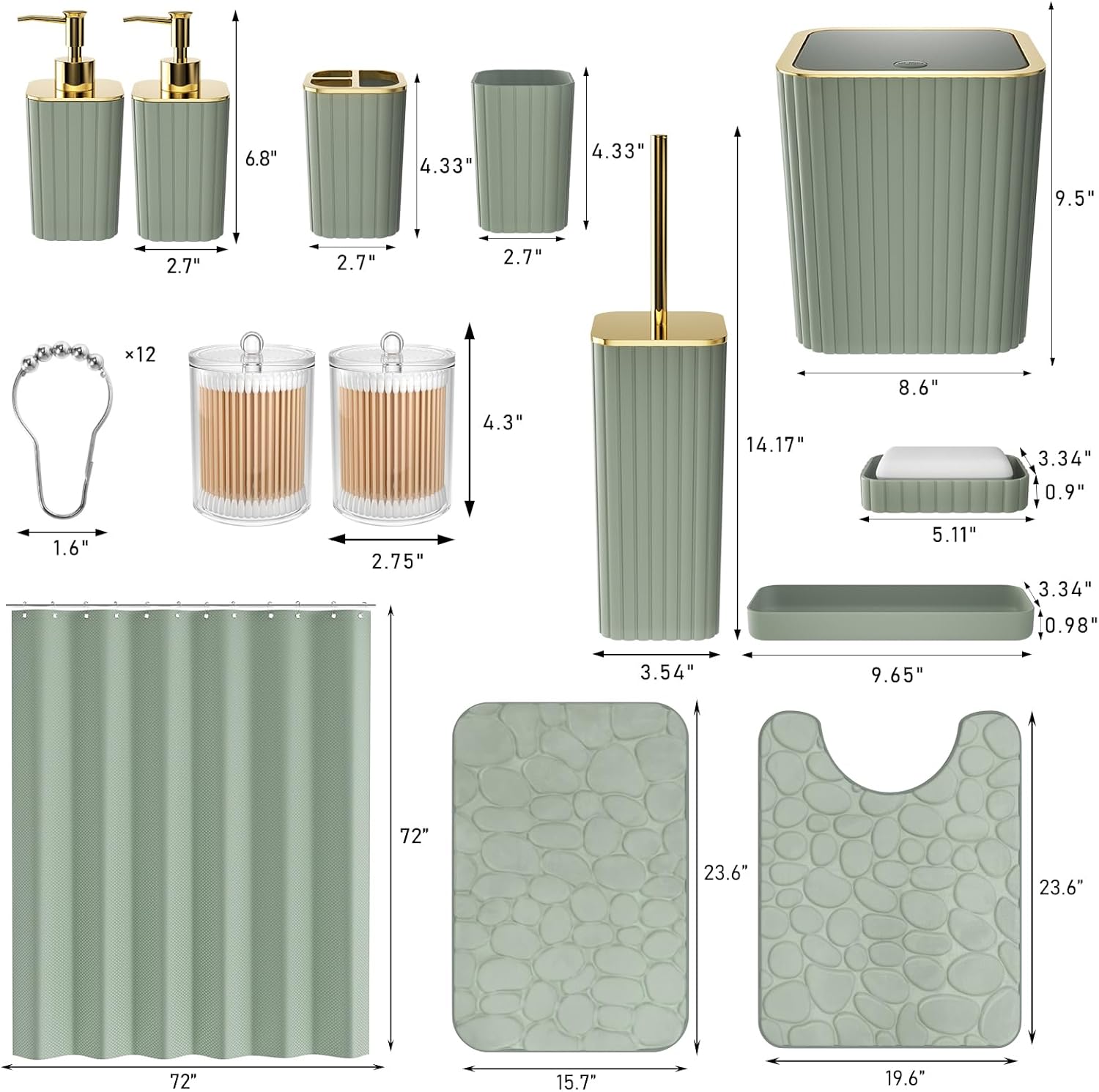 Bathroom Accessories Set - 25PC Sage Green Bathroom Set, Bathroom Set with Shower Curtain and Rugs, Sage Green Shower Curtain Set, Bathroom Accessory Set, Trash Can & Soap Dispenser