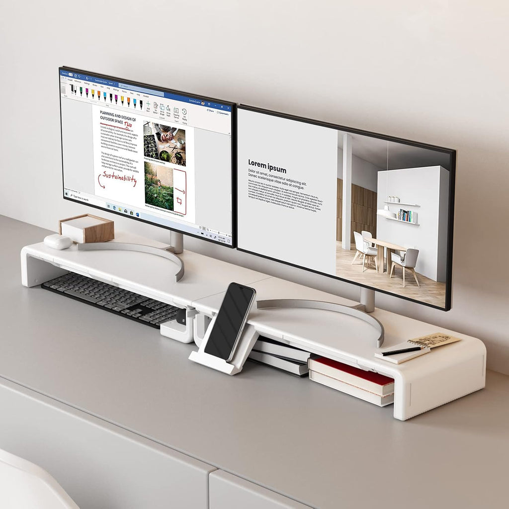 Monitor Stand Riser, Klearlook Foldable Computer Monitor Riser, Height Adjustable Computer Stand, Desk Shelf Riser with Storage Drawer & Tablet Phone Stand for Computer, Desktop, Laptop (White 2 Pack)