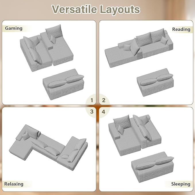 166.9" Cloud Sectional Couch with L-Shape Chaise, Modern Modular Comfy Sofa Chaise Longue, Upholstered Corduroy Couches Sleeper with Deep Seat for Living Room Bedroom, No Assembly Required, Grey