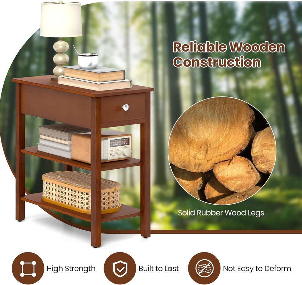 Giantex Narrow End Table Set of 2, Farmhouse Side Tables with Drawer & St...