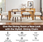 Upholstered Rattan Dining Chairs Set of 4, Mid-Century Modern Fabric Dining Room Chair with Brown Hardwood Frame, Curved Backrest Kitchen Chairs Armless Accent Chairs for Living Room (Cream)