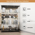 Beauty4U Glass Display Cabinet with Mirror Back Panel, 12 Shelves with 3 Columns, 2 Doors Curio Cabinets for Living Room, Bedroom, Office, Black Floor Standing Glass Bookshelf, Quick Installation