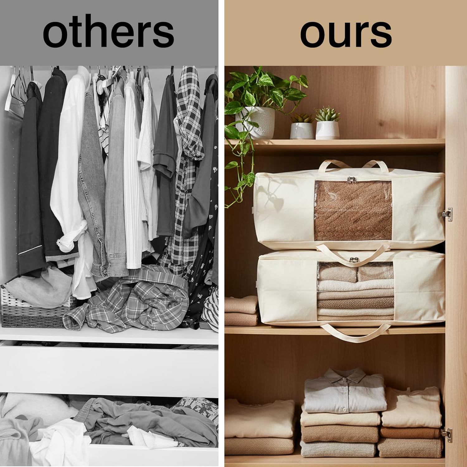 YGEOMER 4 Pack Canvas Clothes Storage Bags with Zipper Foldable Closet Organizers Storage Containers with Reinforced Handle for Dorm Storage Organizing, Bedroom, Closet,Blanket, Clothing, Comforters