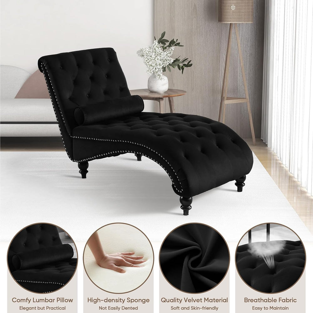 Black Velvet Chaise Lounge Indoor with Toss Pillow, Modern Pink Chaise Lounge...