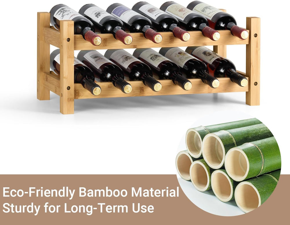 2 Tiers Bamboo Wine Rack Countertop Wine Display Stand Wine Storage Shelf Win...