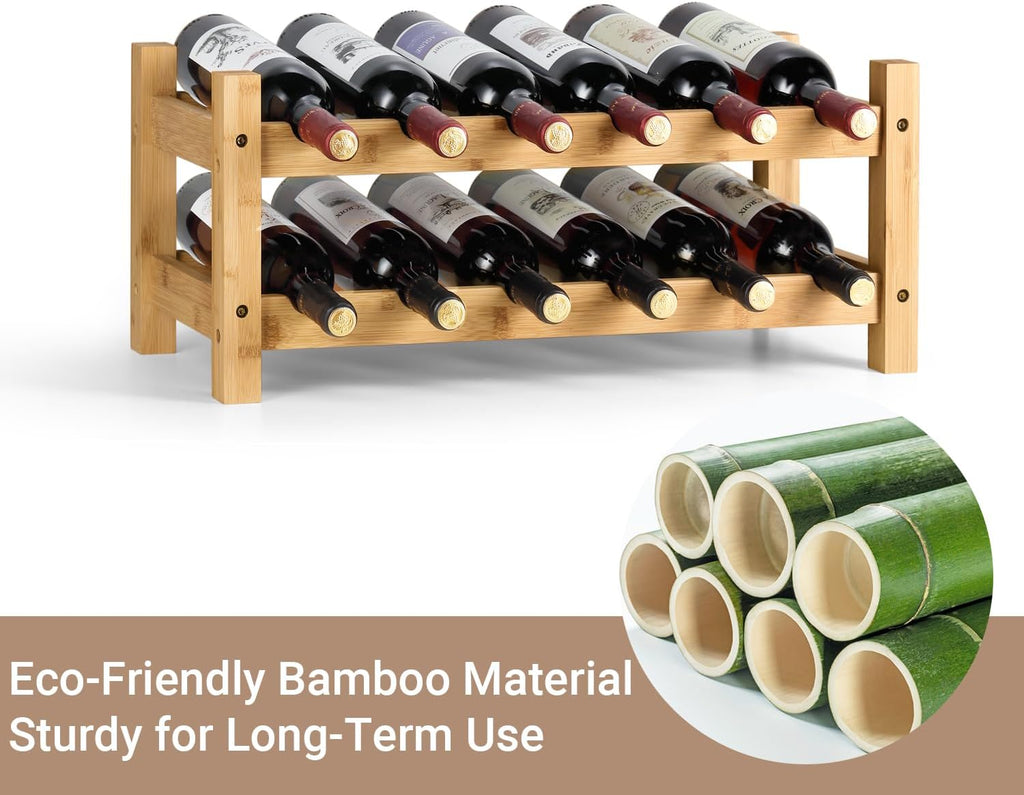 2 Tiers Bamboo Wine Rack Countertop Wine Display Stand Wine Storage Shelf Wine Bottle Holder