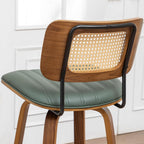 Swivel Bar Height Stools, Mid Century Modern Bar Stools wit Curved Back | Solid Bentwood Frame, Walnut Finish, Cane Back, PU Leather Upholstered Seat, Kitchen BarStools for Bar, Cafe, Pub, Restaurant