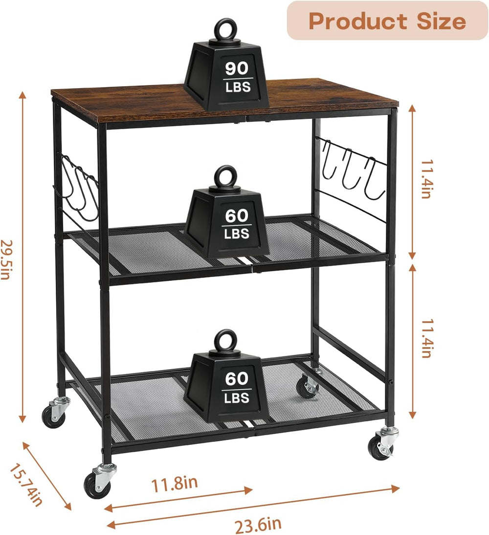 3 Tier Rolling Microwave Cart with Storage, Kitchen Organizer on Wheels | Woo...