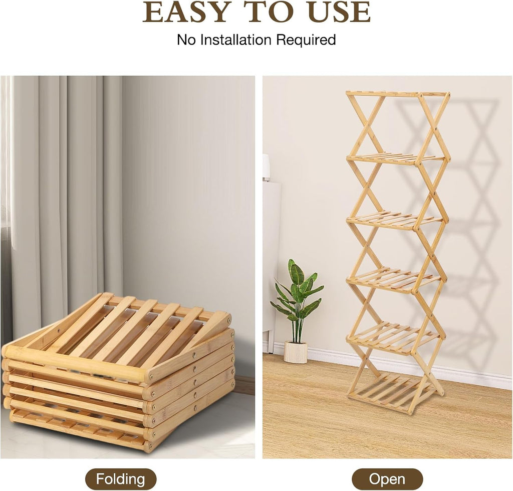 Bamboo Shoe Rack 6 Tier Foldable Shoe Rack for Entryway | Narrow Vertical Shoe Organizer Free Standing Shelf, Multifunctional Slim Storage for Bedrooms Living Room Corner
