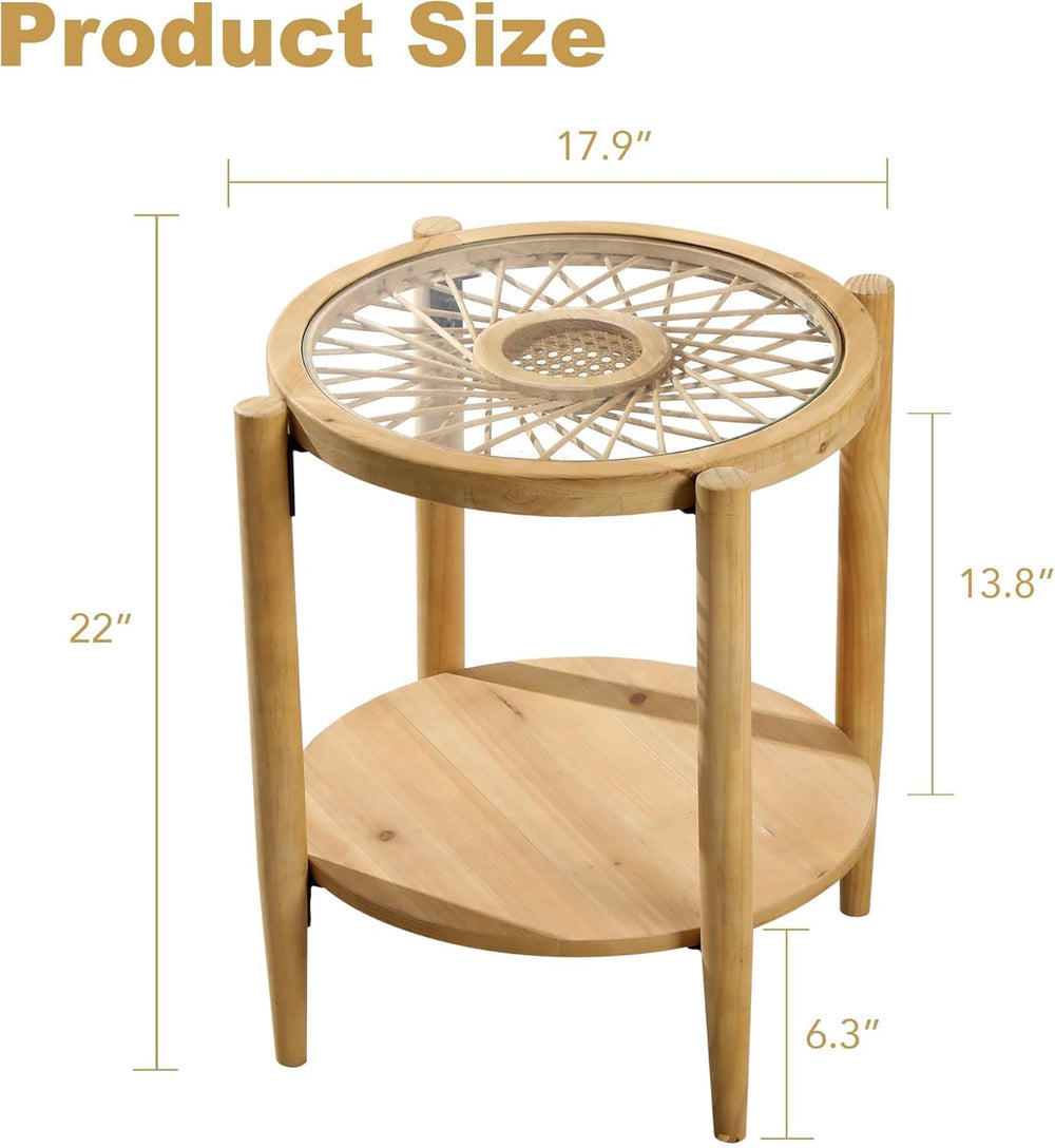 RUSTOWN Rattan Nightstands Set of 2,Boho Wood Round Side Tables, 2-Tier Natur...