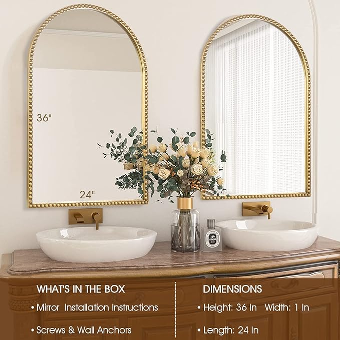Arched Wall Mirror for Bathroom - 24"x36" Metal Beaded Frame Decorative Accent Mirror, Large Modern Rustic Distressed Hanging Wall Decor for Washroom, Bedroom, Living Room, Entryway, Antique Gold