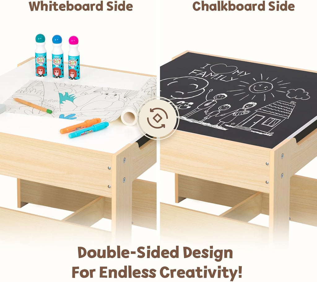 OOOK 4 in1 Kids Table and Chair Set with Storage Drawer and Book Rack | Wood Kids Craft Table with Whiteboard, Blackboard, Detachable Tabletop, Activity Table for Classroom