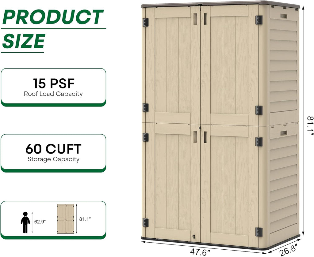 Vertical Outdoor Storage Shed, 60 Cu.Ft Resin Storage Cabinet Waterproof with Lockable Floor, All-Weather Tall Backyard Shed for Patio Furniture, Garage, Garden, Porch (Khaki)