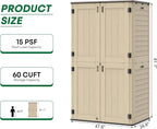 Vertical Outdoor Storage Shed, 60 Cu.Ft Resin Storage Cabinet Waterproof with Lockable Floor, All-Weather Tall Backyard Shed for Patio Furniture, Garage, Garden, Porch (Khaki)