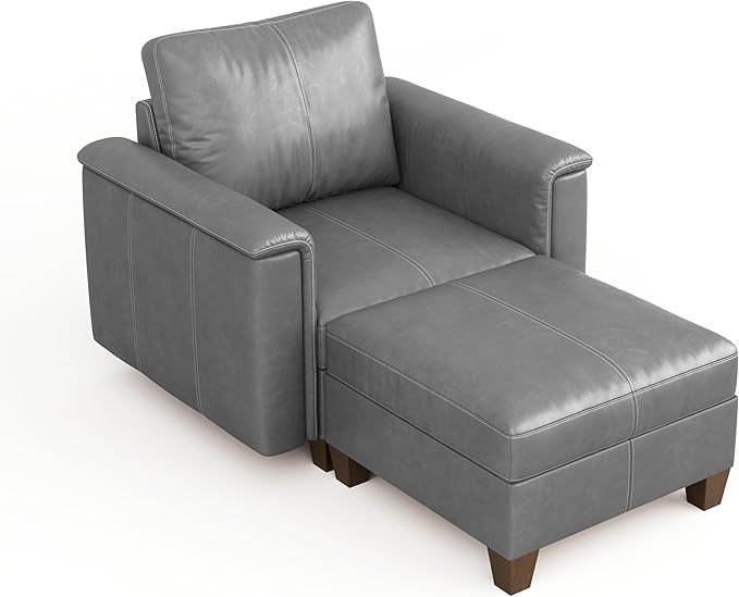SITJOY Faux Leather Modular Sectional Sofa with Storage, Mid Century Modern Sectional Couches for Living Room, Soft Padded Armrests, Chaise Lounge with Ottoman, Gray