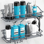 Nieifi Shower Caddy Shelf with Hooks Storage Rack Organizer Adhesive Stainless Steel Without Drilling for Bathroom, Lavatory, Washroom, Restroom, Shower, Toilet, Kitchen - 2 Pack (Gray)