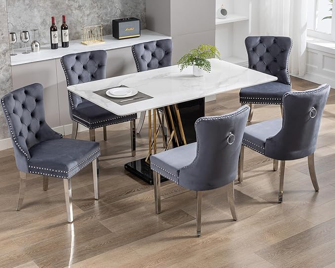 KCC Velvet Dining Chairs Set of 6, Upholstered High-end Tufted Dining Room Chair with Nailhead Back Ring Pull Trim Stainless Steel Legs, Contemporary Nikki Collection Modern Style for Kitchen, Gray