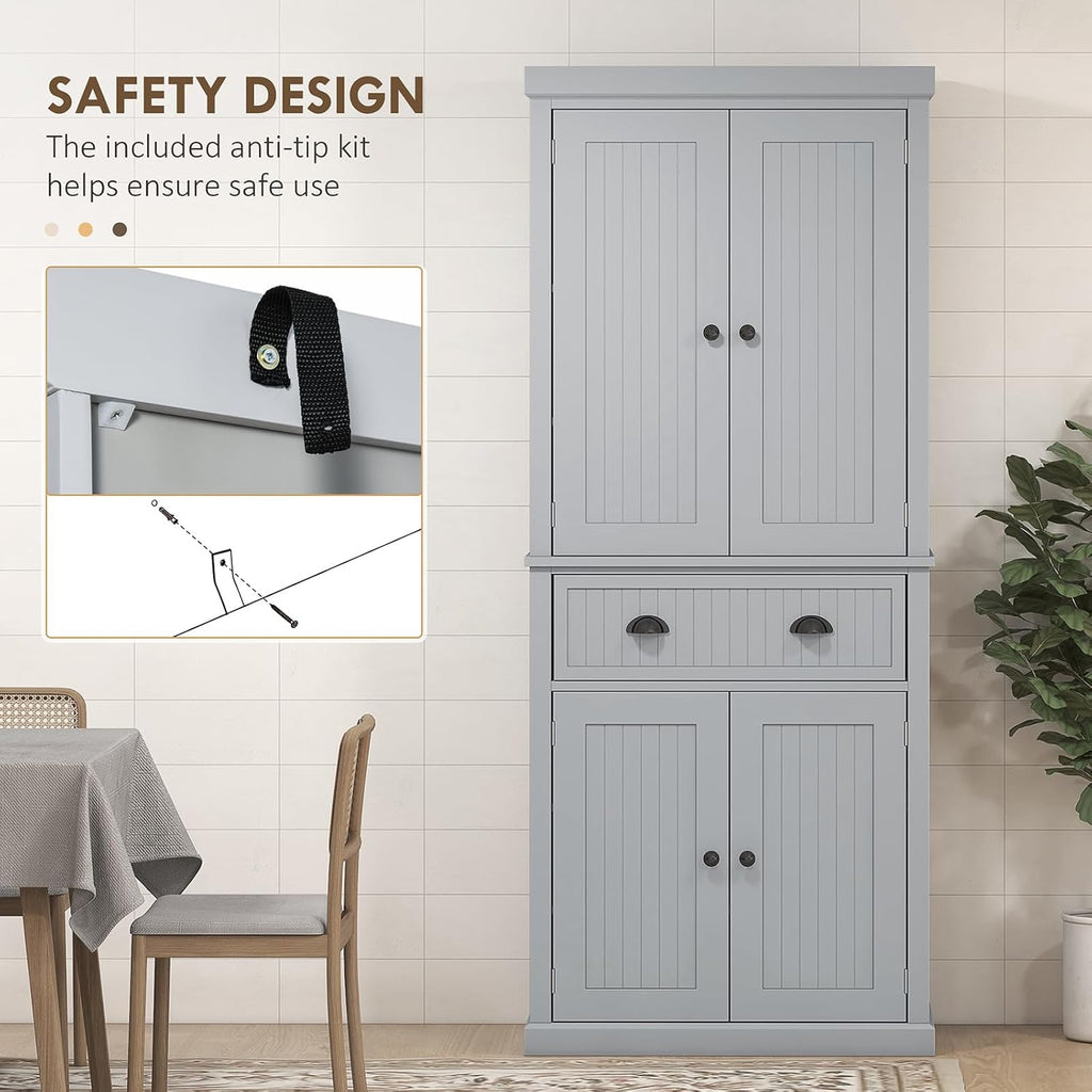 Pantry Storage Cabinet, 72" Traditional Freestanding Cabinet with 4 Doors and 3 Adjustable Shelves, Kitchen Large Central Drawer
