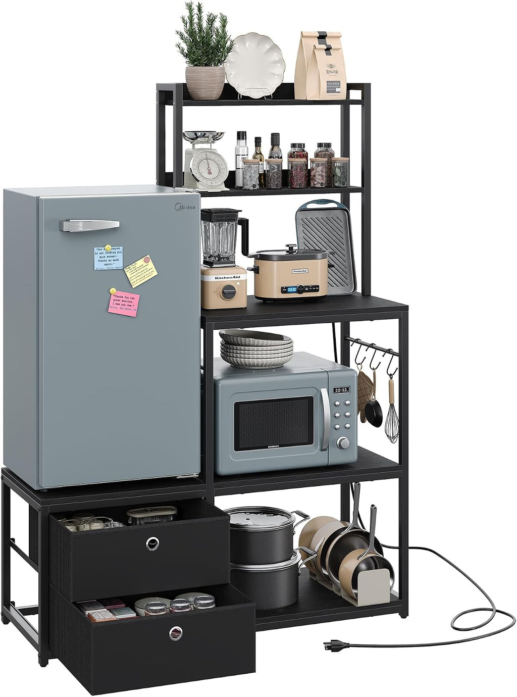 Mini Fridge Stand with Storage, Refrigerator Cabinet with Power Outlet - Multifunctional Microwave Stand, Coffee Bar Station for Dorm, Office and Kitchen, Black