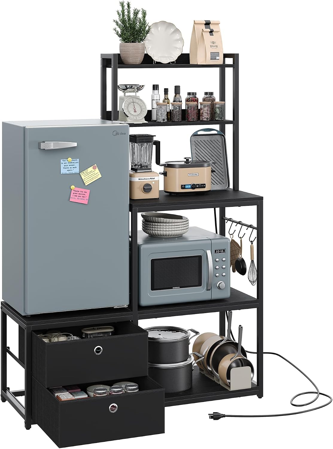 Mini Fridge Stand with Storage, Refrigerator Cabinet with Power Outlet - Multifunctional Microwave Stand, Coffee Bar Station for Dorm, Office and Kitchen, Black