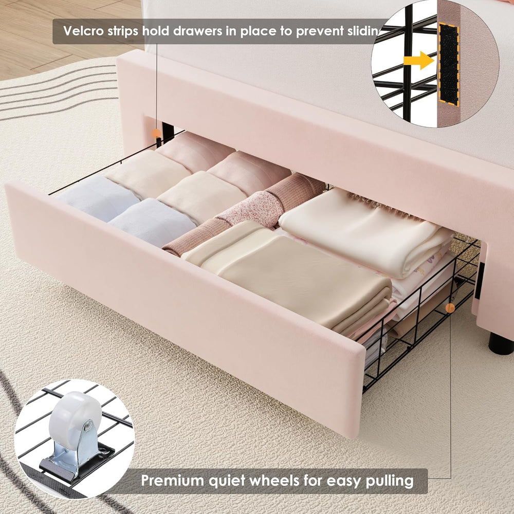 Girls Twin Upholstered LED Bed Frame with Petal Headboard & Storage, Pink