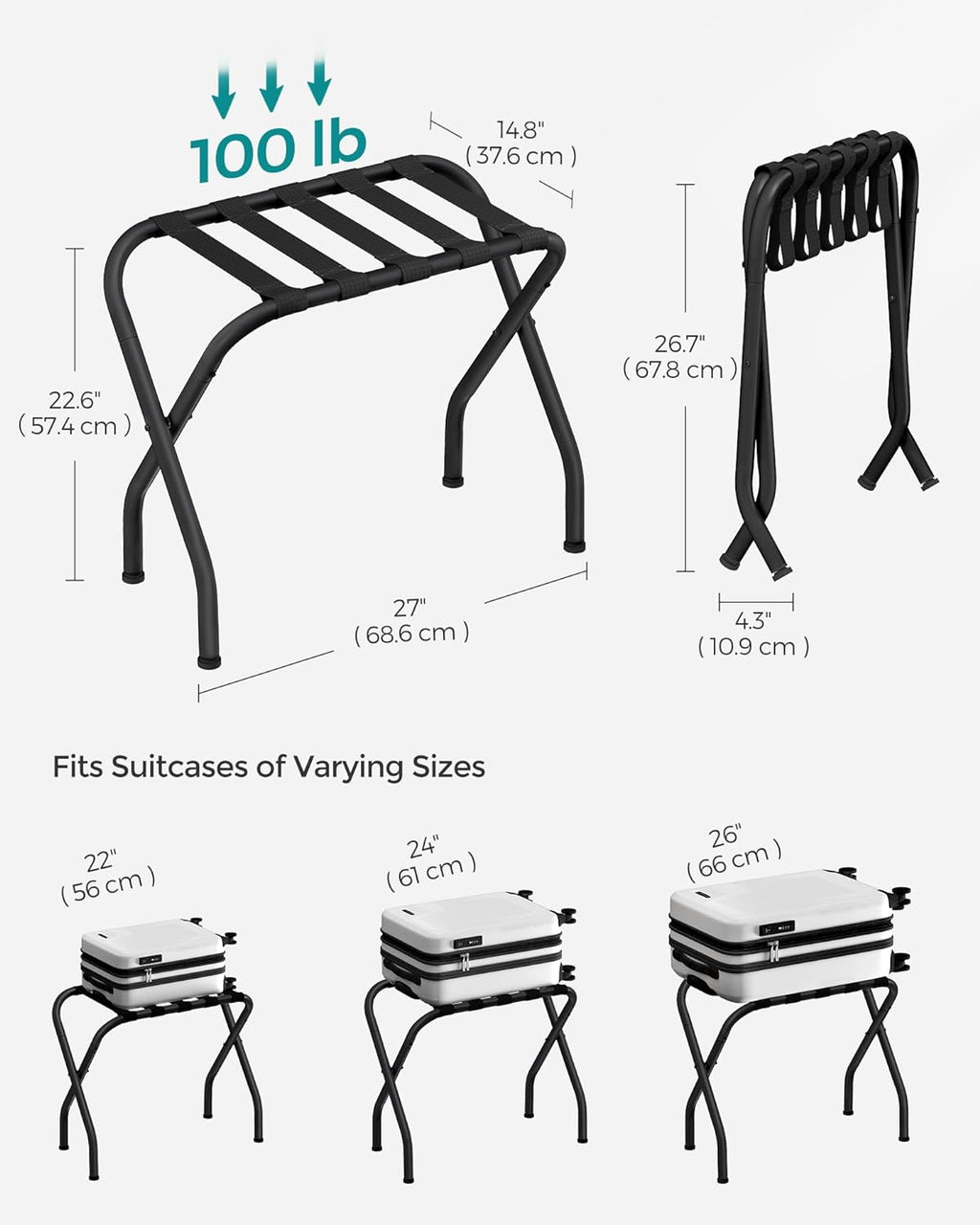 SONGMICS Luggage Rack, Pack of 2, Luggage Racks for Guest Room, Suitcase Stand, Steel Frame, Foldable, for Bedroom, Black URLR64B-2