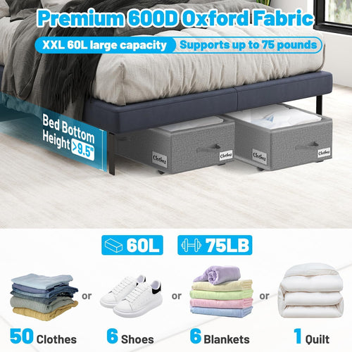 2 Pack Under Bed Storage with Wheels 10" Height, Rolling Storage Bins XXL 60L, Underbed Shoe Storage Containers with Label & Clear Lid, Dorm Under bed Drawers for Clothes, Shoes, Quick Assembly, Grey