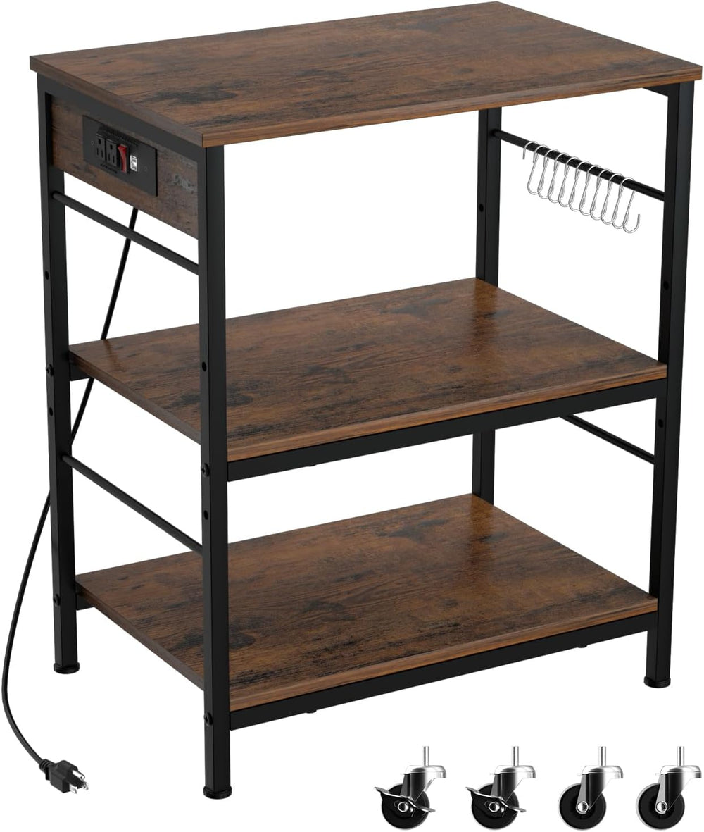 Bakers Rack with Power Outlet Kitchen Microwave Stand Cart 3 Tier Coffee Bar ...