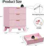 Fluted Nightstand, 24" Wide Side Table with 3 Large Storage Drawers, Mid Century Modern Wood Night Stand with Metal Handle, Wooden Bedside End Table for Bedroom, Living Room, Closet, Pink