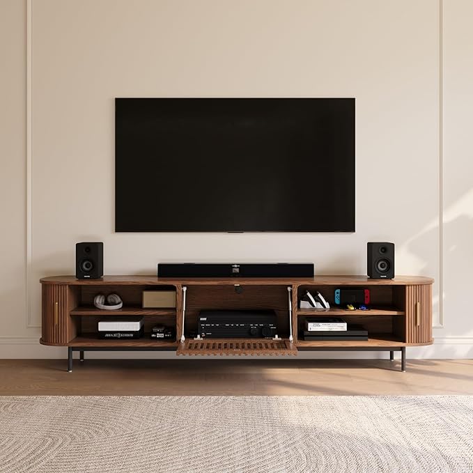 POVISON Fully-Assembled Mid Century Modern TV Stand for 75+ inch TV, Sliding ...