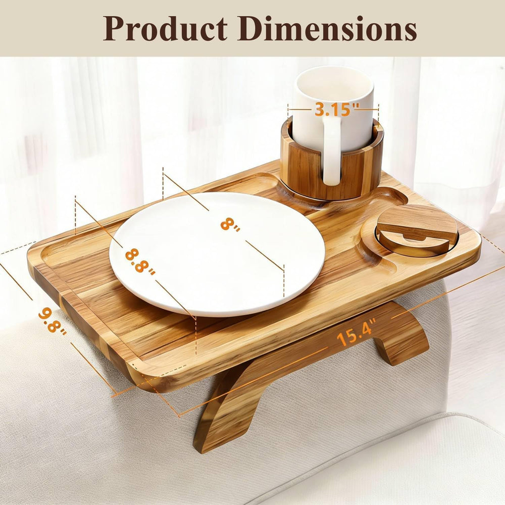 Couch Armrest Table, Acacia Wood Sofa Arm Tray with 360° Rotating Phone &...