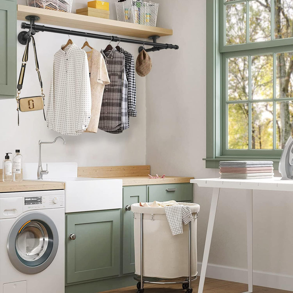48'' Wall Mounted Clothes Rack Iron Industrial Pipe Clothes Rod with Top Shelf Pipe Rack (Wood Plank Not Included)