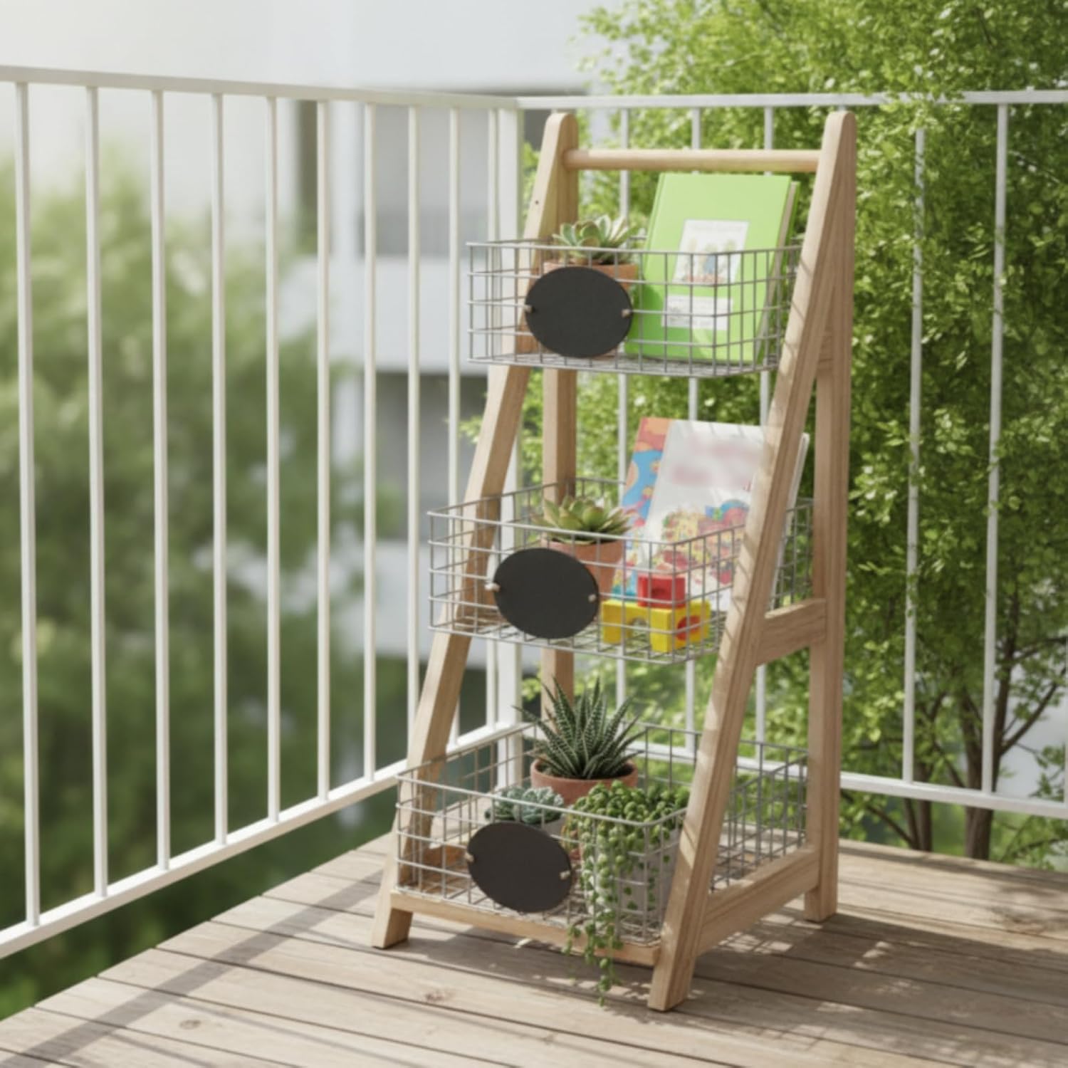 predolo Ladder Storage Rack with Wire Baskets 3 Tiers Basket Stand Rustic Multifunctional Storage Rack Stand for Living Room