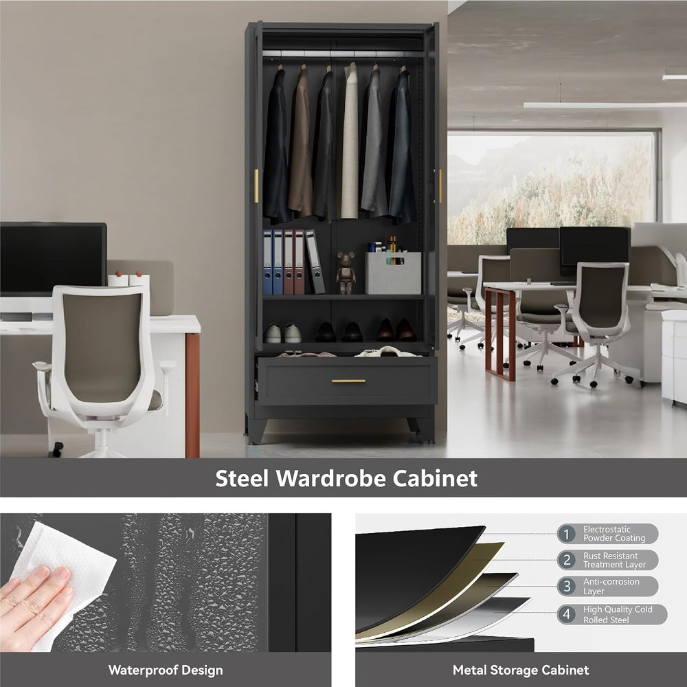 Black Metal Wardrobe Closet, Steel Armoire Wardrobe with Drawer Clothes Cabin...